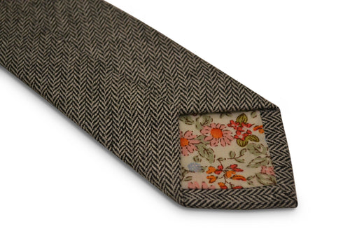 black and white herringbone slim wool tie